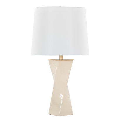 Curvo Square 27" Ceramic Table Lamp in Cream Ceramic, Gold Metal, and White Linen