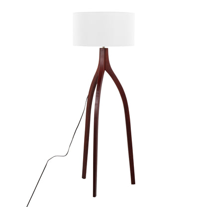 Wishbone Contemporary Floor Lamp in Walnut Wood with White Fabric Shade