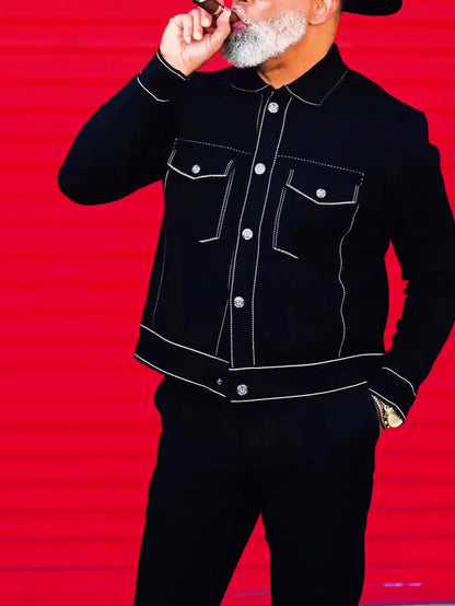 Black Denim Jacket With White Topstitching Detail