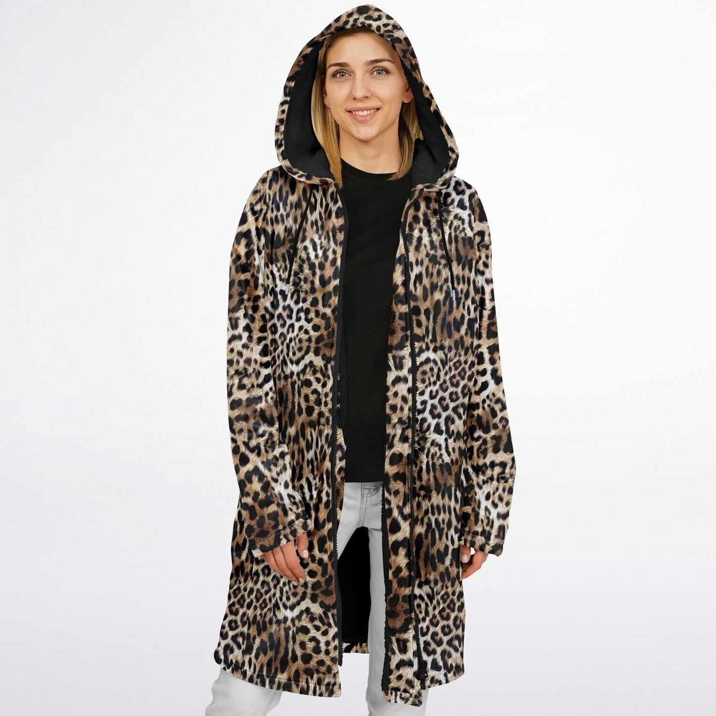 Leopard Print Cuddle Coat | Unisex Minky Sherpa Lined Coat with Hood, Zipper and Pockets | Women and Mens Festival Coat | Mountain Fashion