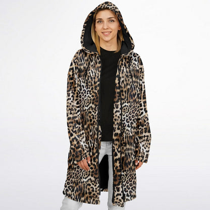 Leopard Print Cuddle Coat | Unisex Minky Sherpa Lined Coat with Hood, Zipper and Pockets | Women and Mens Festival Coat | Mountain Fashion