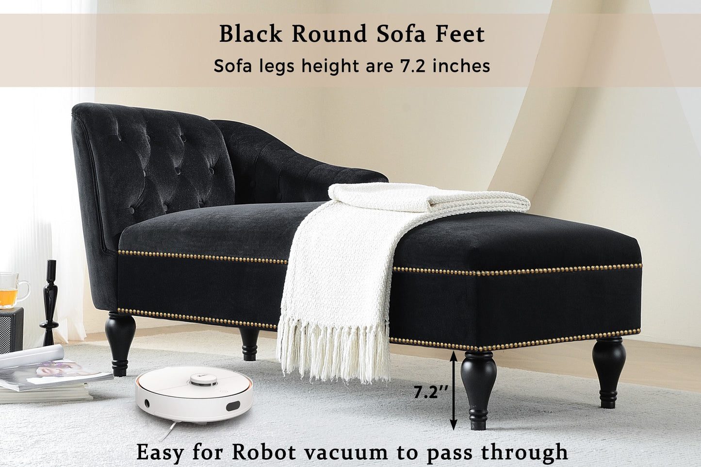 58" Velvet Chaise Lounge with Nailhead Trim and Solid Wood Legs