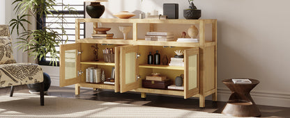 Bohemian Style Rattan Buffet Storage Cabinet with Solid Wood Frame