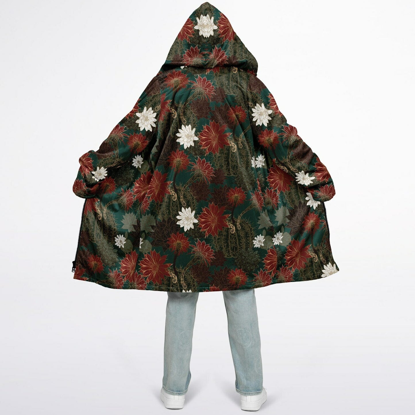 Desert Flowers Carpet Cuddle Coat | Green Red | Unisex Minky Sherpa Lined Coat with Hood, Zipper and Pockets | Women and Mens Festival Coat | Mountain Fashion
