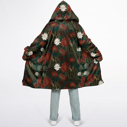 Desert Flowers Carpet Cuddle Coat | Green Red | Unisex Minky Sherpa Lined Coat with Hood, Zipper and Pockets | Women and Mens Festival Coat | Mountain Fashion