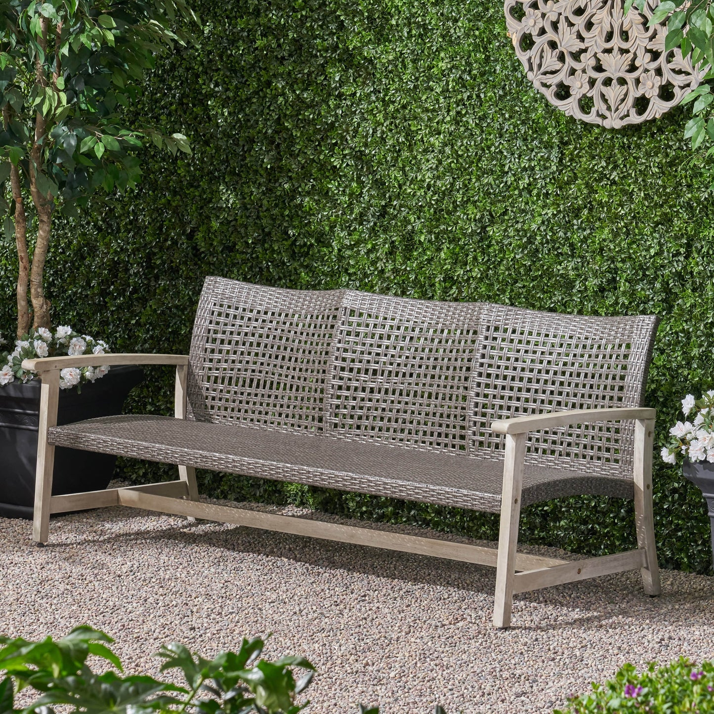 Outdoor Acacia Wood Wicker 3 Seater Sofa