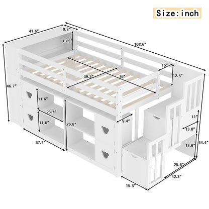 Loft Bed With Storage Cabinets, Staircase Drawers & LED Lights