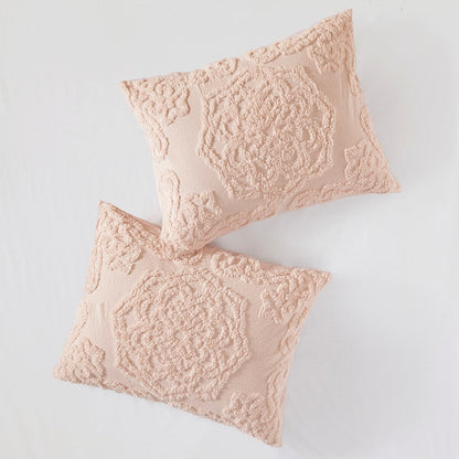 Tufted Cotton Chenille Medallion Fringe Coverlet Mini Set Blush Full/Queen