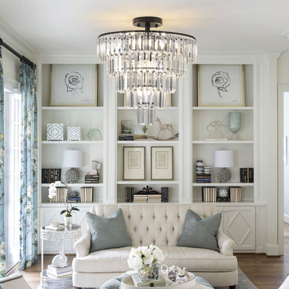 20' Black Crystal Chandelier Ceiling Light, Modern Luxury 10-Light Flush Mount