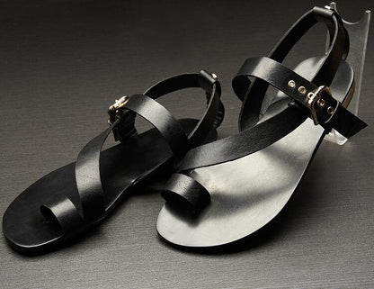 Men's Hollow Leather Roman Sandals, Thong Design