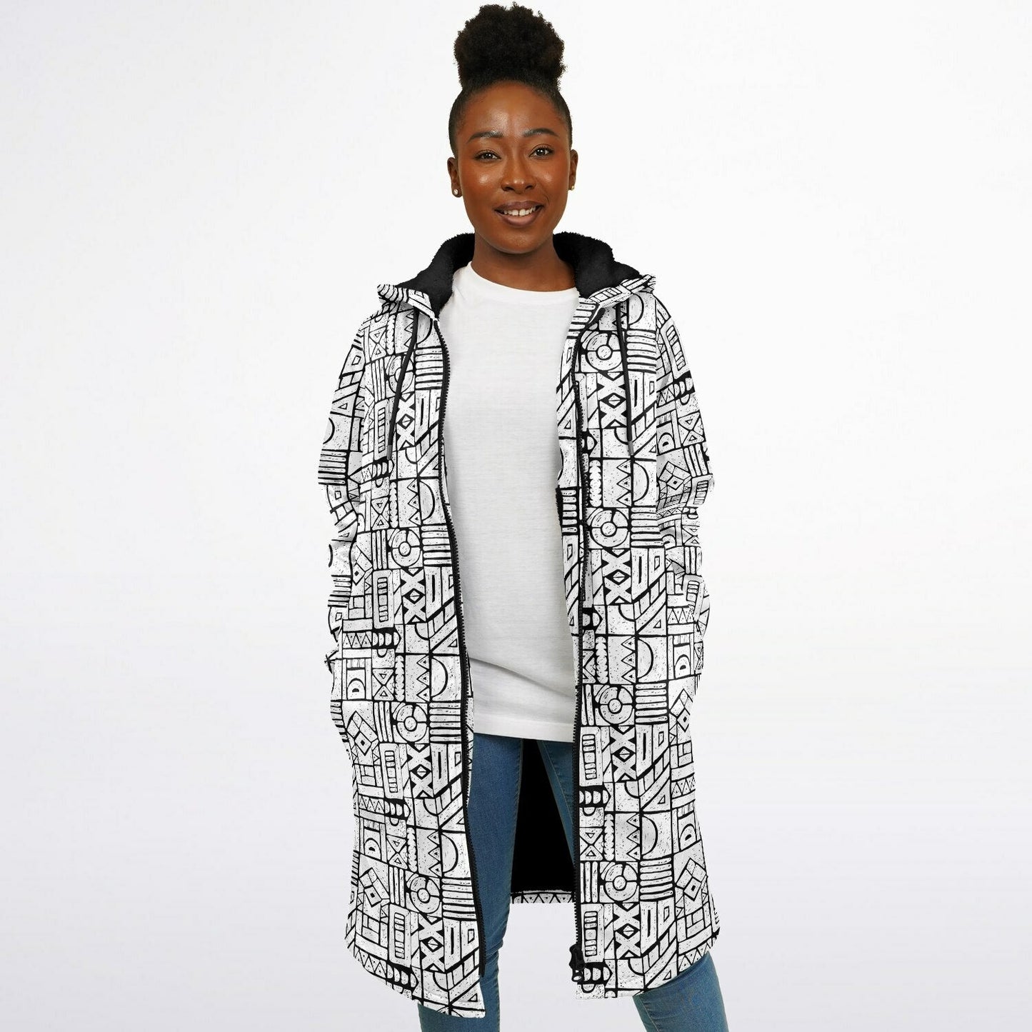 Zentangle Cuddle Coat | Unisex Minky Sherpa Lined Coat with Hood, Zipper and Pockets | Women and Mens Festival Coat | Mountain Fashion