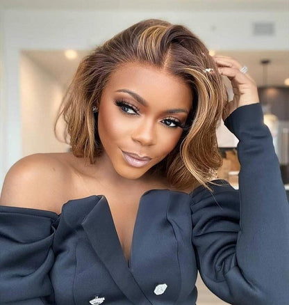 200 Density Blonde Highlight Short Bob Wig | 13x4 Lace Frontal Pixie Cut | Brazilian Remy Hair