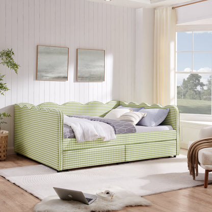 Queen Size Cozy Gingham Daybed with Two Storage Drawers and USB Port