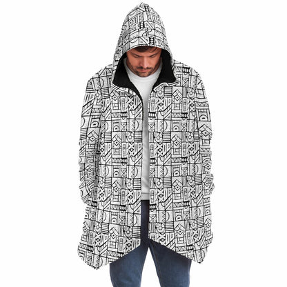 Zentangle Cuddle Cloak | Black White | Unisex Minky Sherpa Lined Hooded Coat | Women and Mens Festival Coat | Mountain Fashion
