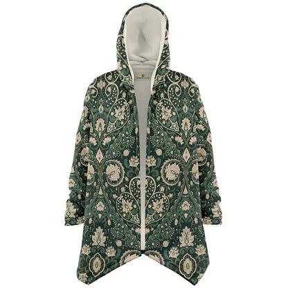 Green Persian Carpet Cuddle Cloak | Unisex Minky Sherpa Lined Coat with Hood, Zipper and Pockets | Women and Mens Festival Coat | Mountain Fashion
