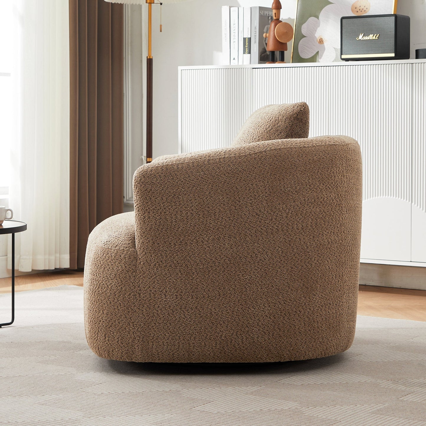 Chenille Upholstered 360° Swivel Chair with Throw Pillow, Dark Brown
