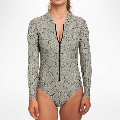 Black Rock City Long Sleeve Swimsuit | Full Piece Bodysuit | Front Zipper Bathing Suit | 50+ UPF Protection, UV Swimwear