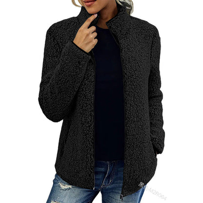 Fall Winter Warm Sweatshirt Stand Collar Solid Color Top Sweater Women's Casual Fashion Long Sleeve Zipper Bubble Velvet Coat Tops