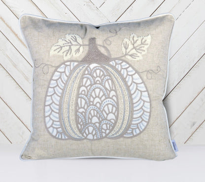 Embroidered Lace Pumpkin Accent Pillow – Neutral Fall Accent Cushion