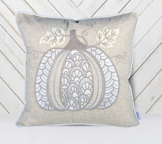 Embroidered Lace Pumpkin Accent Pillow – Neutral Fall Accent Cushion