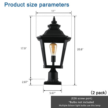 21' Outdoor Post Lantern Light 2-Pack – Vintage Black Metal & Clear Glass