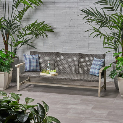 Outdoor Acacia Wood Wicker 3 Seater Sofa