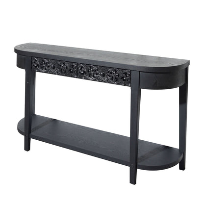 59.2in Black Carved Wooden Console Table with Lower Storage Shelf and Drawers