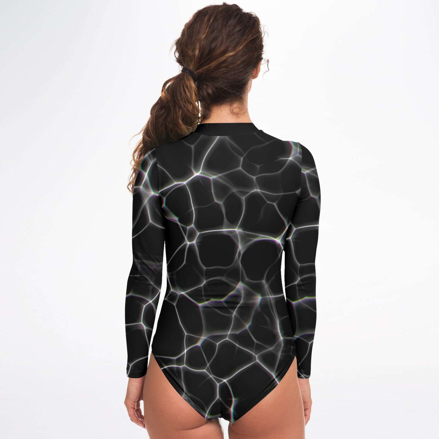 Black Water Long Sleeve Swimsuit | Full Piece Bodysuit | Front Zipper Bathing Suit | 50+ UPF Protection, UV Swimwear