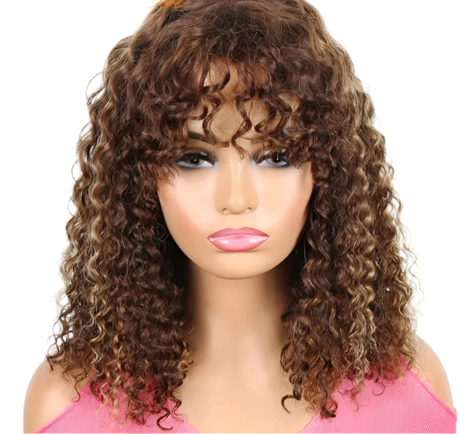 180% Density Jerry Curly Pixie Bob Wig with Bangs | Highlight 1B/P1B/30 Remy Human Hair
