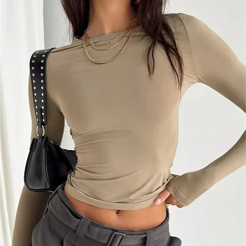 Solid Slim Fit Casual Women Long Sleeve T Shirt Spring Autumn Y2k Streetwear.
