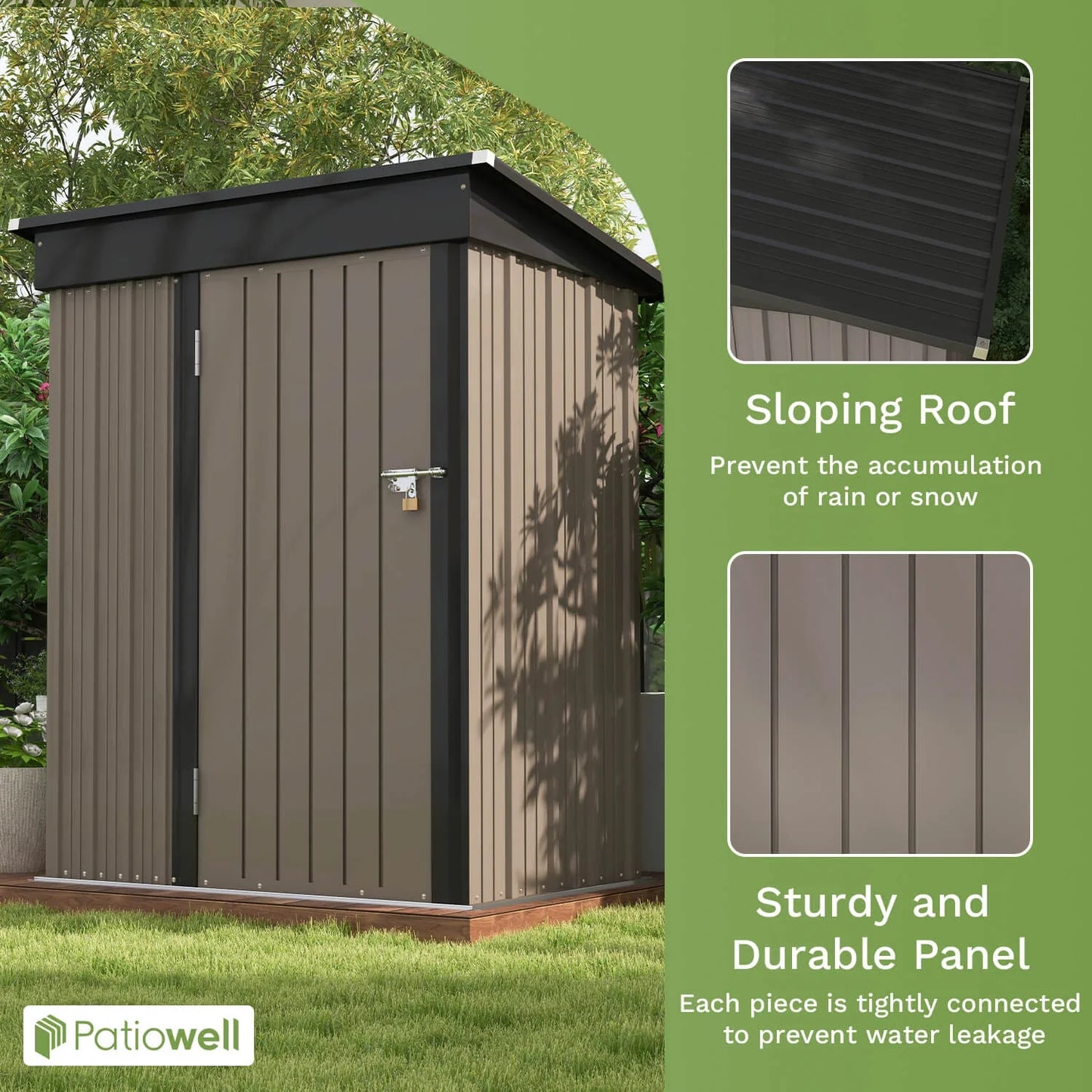 Patio well 5x3 FT Outdoor Storage Shed, Tool Shed with Sloping Roof and Lockable Door.