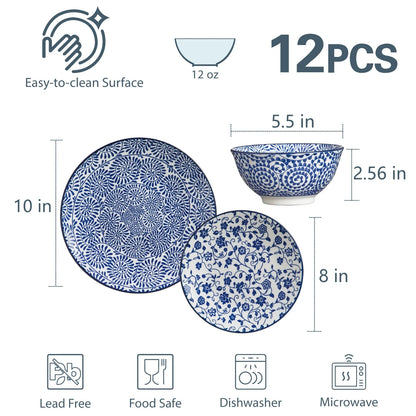 12pcs, Plates and Bowls, Dish Sets for 4 - Scratch Resistant, Dishwasher & Microwave Safe, Vintage Blue.