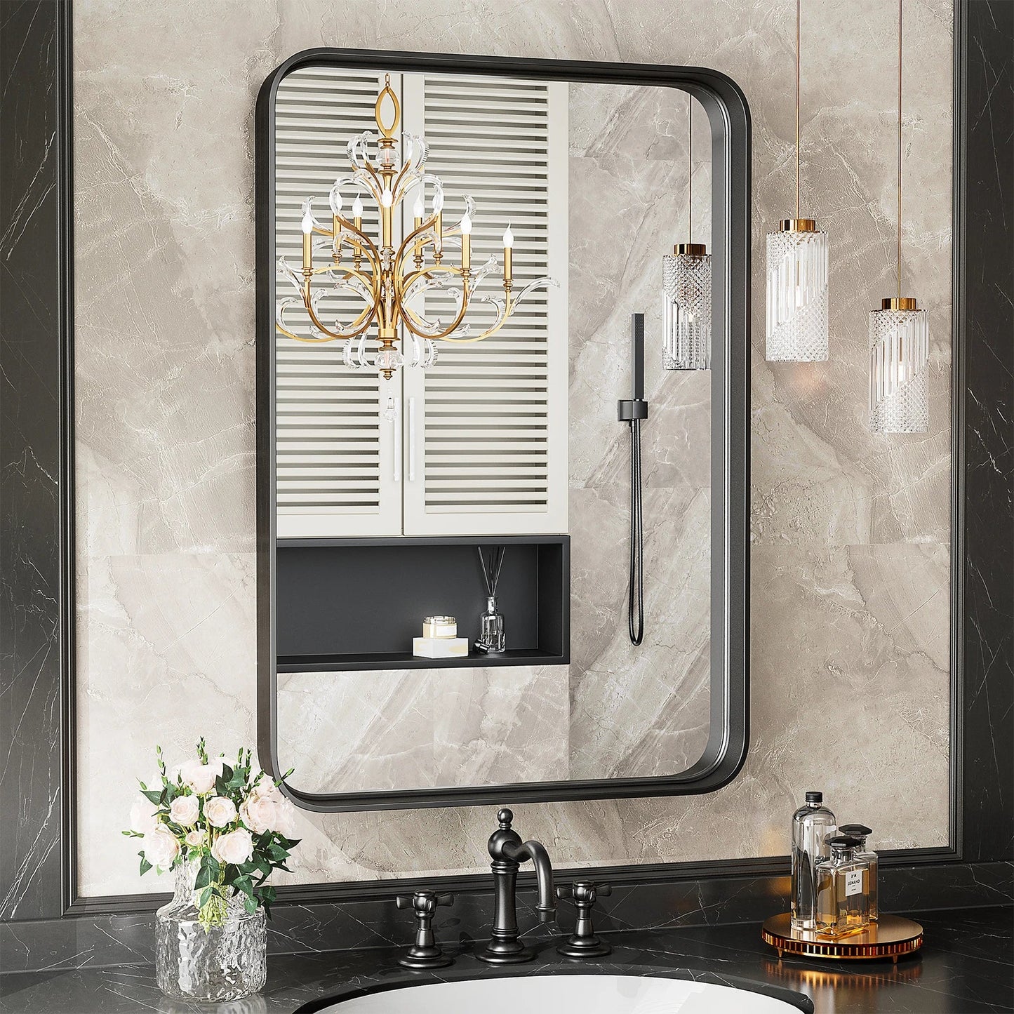 Metal Framed Bathroom Mirror Rectangle Rounded Corner Tempered Glass