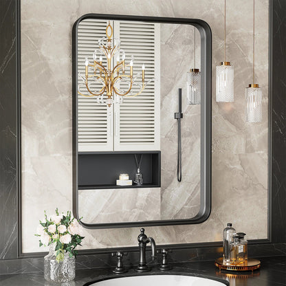 Metal Framed Bathroom Mirror Rectangle Rounded Corner Tempered Glass