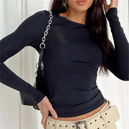 Solid Slim Fit Casual Women Long Sleeve T Shirt Spring Autumn Y2k Streetwear.