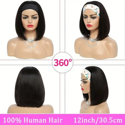 Straight Bob Headband Wig | 100% Brazilian Remy Human Hair Short Machine Made Bob Wigs for Women (All Colors)