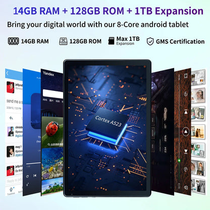 10 Inch Tablet Android 14 16GB RAM 128GB ROM 1TB Expand Octa-Core Wide vine L1 With Stylus Keyboard Mouse for Work.