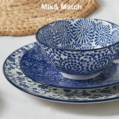 12pcs, Plates and Bowls, Dish Sets for 4 - Scratch Resistant, Dishwasher & Microwave Safe, Vintage Blue.