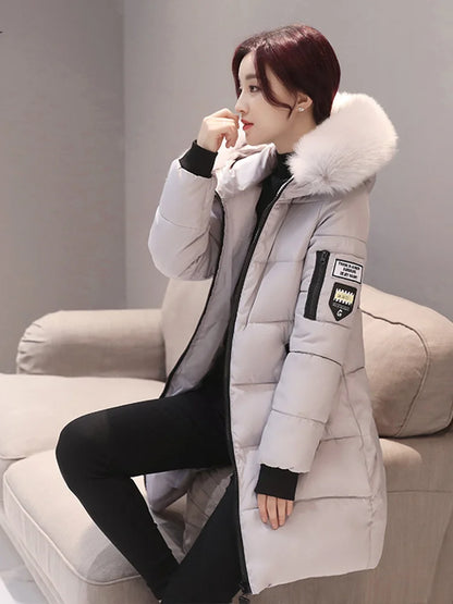 Warm Fur Collar Hooded Women Parka, Comfortable Zipper Pockets Design Long Jacket.