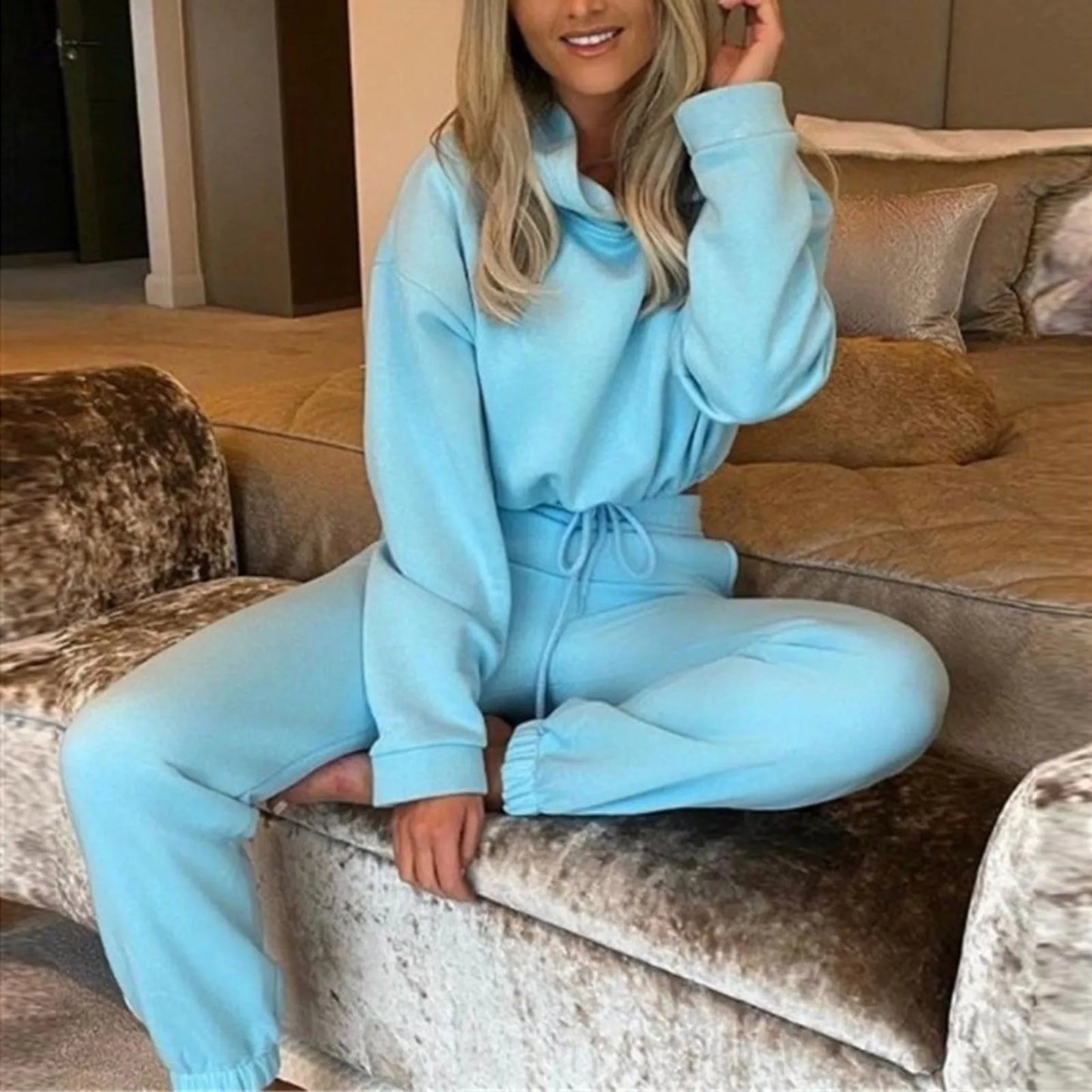 Winter Tracksuit Women Two Piece Set - Oversized Hoodie Sweatpants, Solid Color Sportswear Suit.