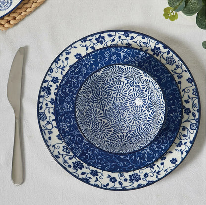 12pcs, Plates and Bowls, Dish Sets for 4 - Scratch Resistant, Dishwasher & Microwave Safe, Vintage Blue.
