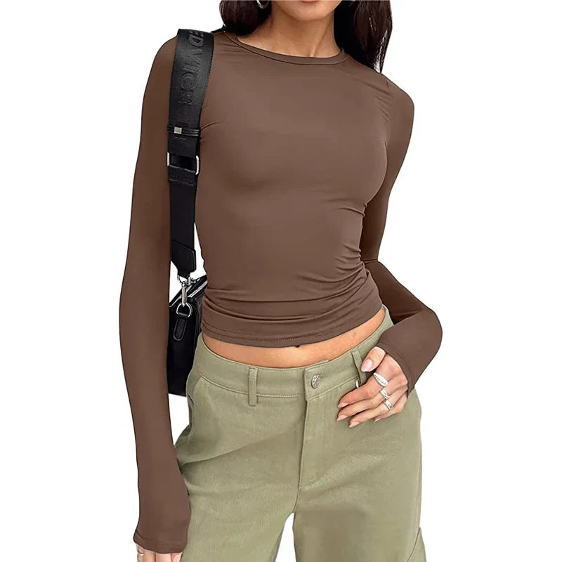 Solid Slim Fit Casual Women Long Sleeve T Shirt Spring Autumn Y2k Streetwear.