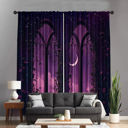 2pcs Blooming Rose Window Curtains Gothic Design, Room Darkening Polyester curtains.