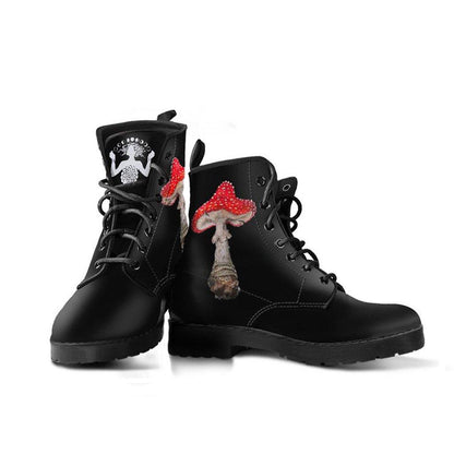 Vegan Leather Tough Work and Play Boots with Amanita Mushroom Art |  Memory Foam Boots | All Season Lace Up Boots | Vegan Leather Combat Boot