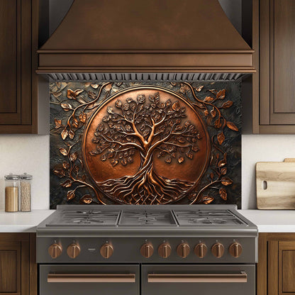 Custom Kitchen Backsplash – Copper Look Tree Tempered Glass Stove Backsplash