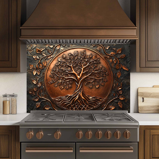 Custom Kitchen Backsplash – Copper Look Tree Tempered Glass Stove Backsplash