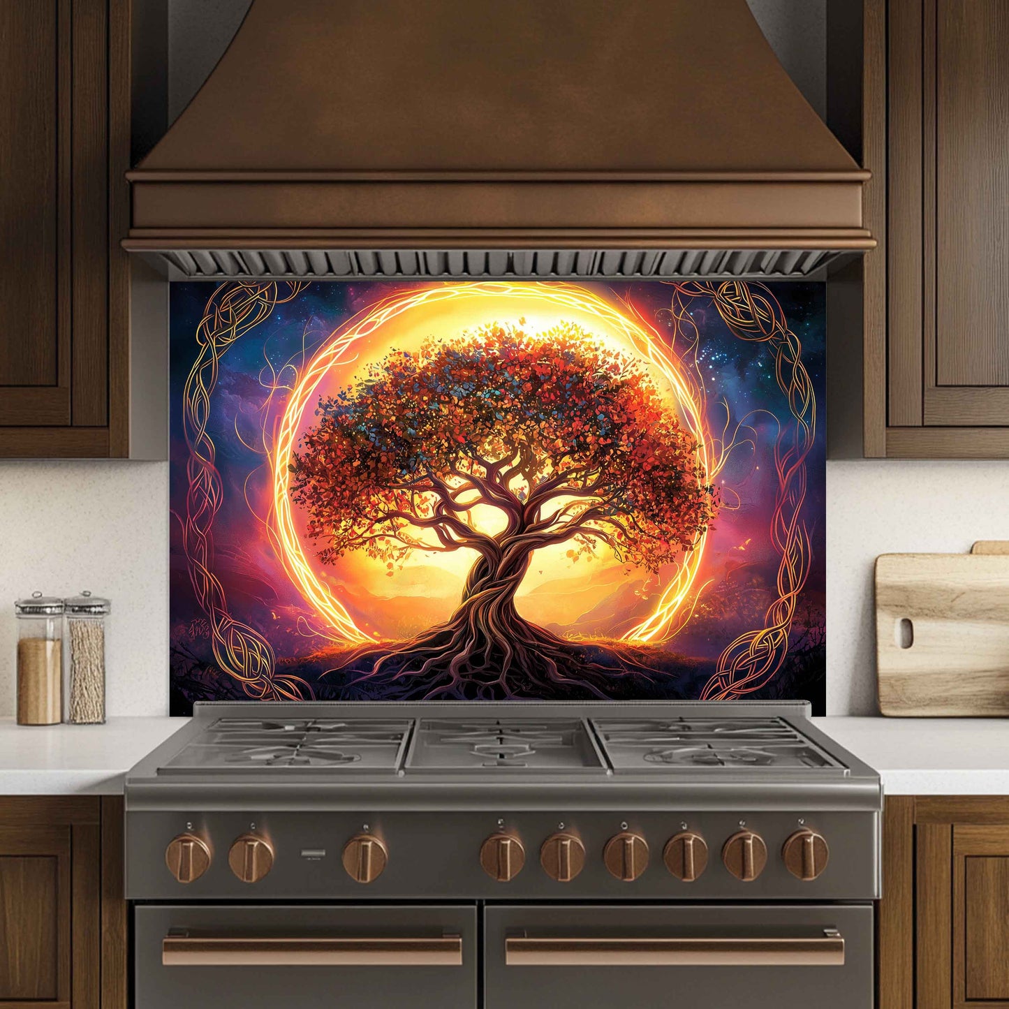Custom Kitchen Backsplash – Eternal Roots Tempered Glass Stove Backsplash