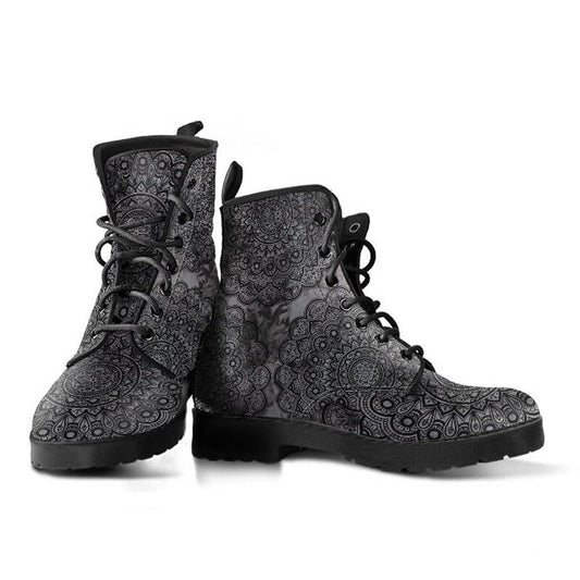 Black Mandala  Memory Foam Boots | All Season Lace Up Boots | Vegan Leather Combat Boot