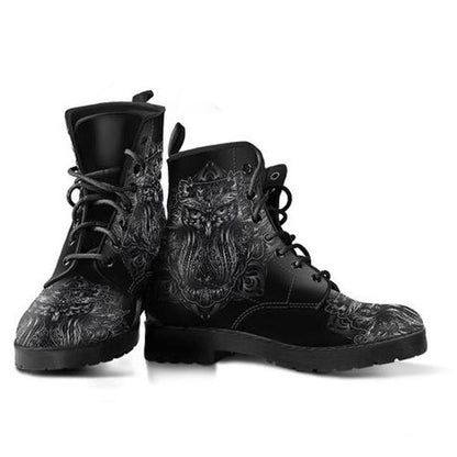 Black Owl  Memory Foam Boots | All Season Lace Up Boots | Vegan Leather Combat Boot