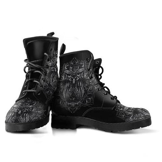 Black Owl  Memory Foam Boots | All Season Lace Up Boots | Vegan Leather Combat Boot